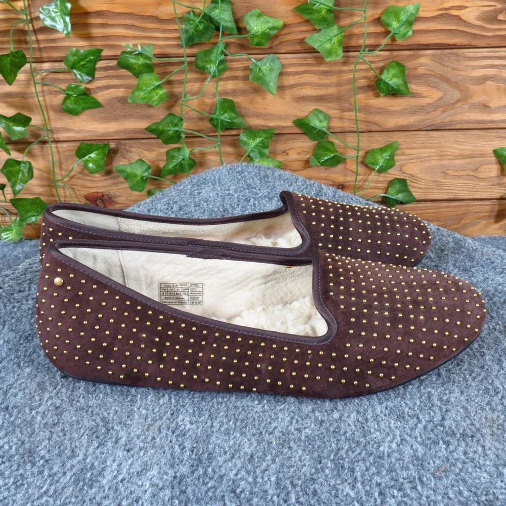 UGG Alloway Womens Loafer Flat Size 9.5 Comfort Brown Studded Suede Slipper